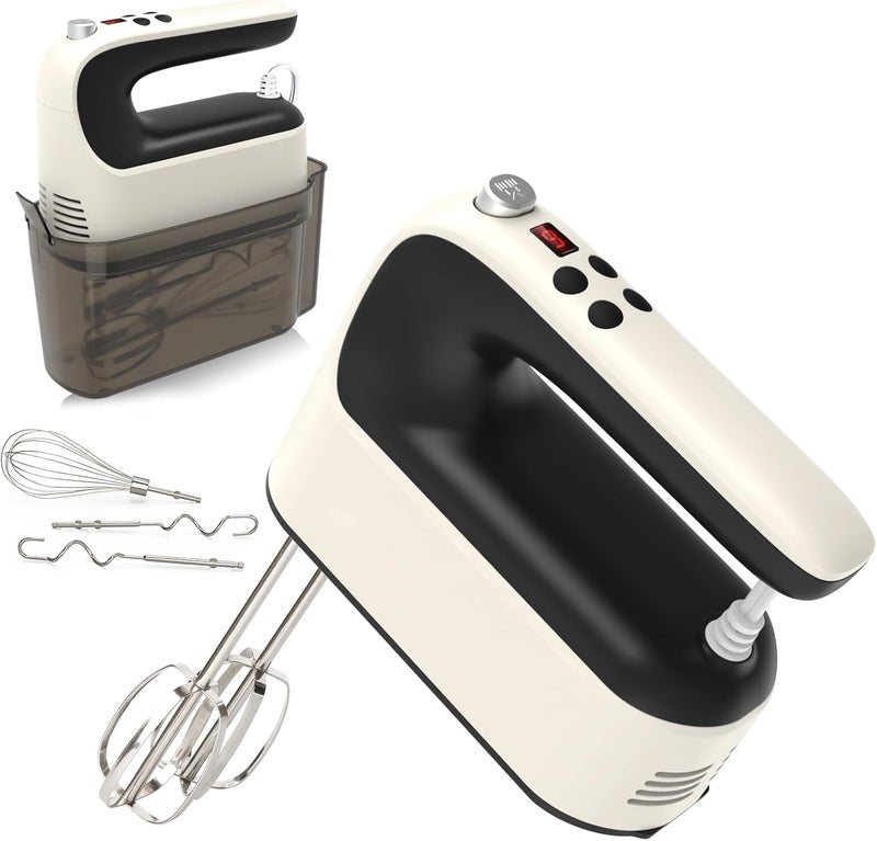Yomelo 9-Speed Digital Hand Mixer Electric, 400W Powerful DC Motor, Hand Mixer Electric Handheld with Snap-On Storage Case, 5 Stainless Steel Accessories, Beaters, Dough Hooks, Whisk(Creamy/Black) - Image 1